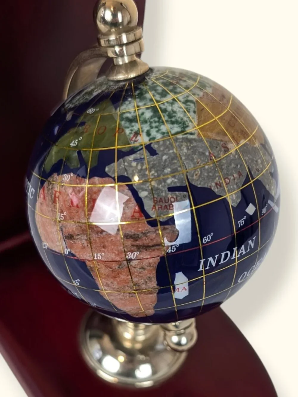 Large Lapis Lazuli Semi-Precious Stone Globe on Wood Base - Picture 4 of 9